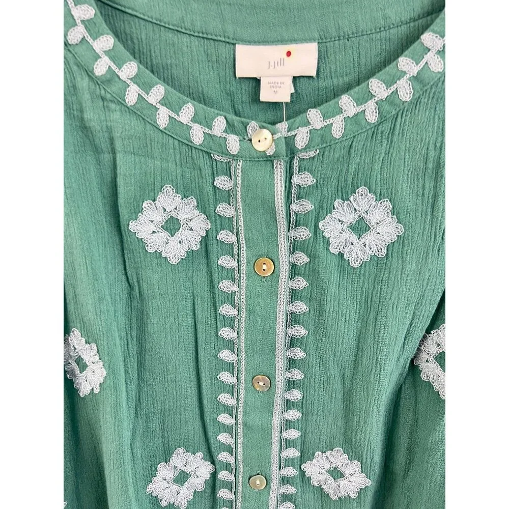 J. Jill Contrast-Embroidered Peasant Top A-Line Green Size M NWT - Picture 6 of 11